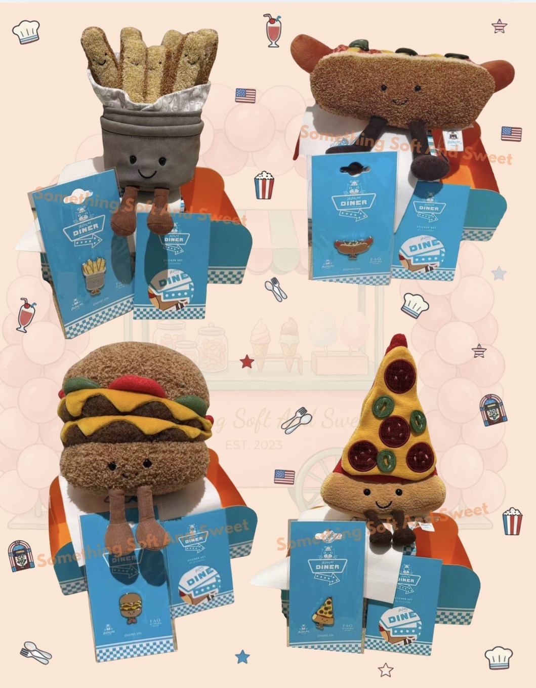 Jellycat NYC Dinner 紐約限定 美式漢堡 Pizza 熱狗 薯條 套裝連貼紙 Pin