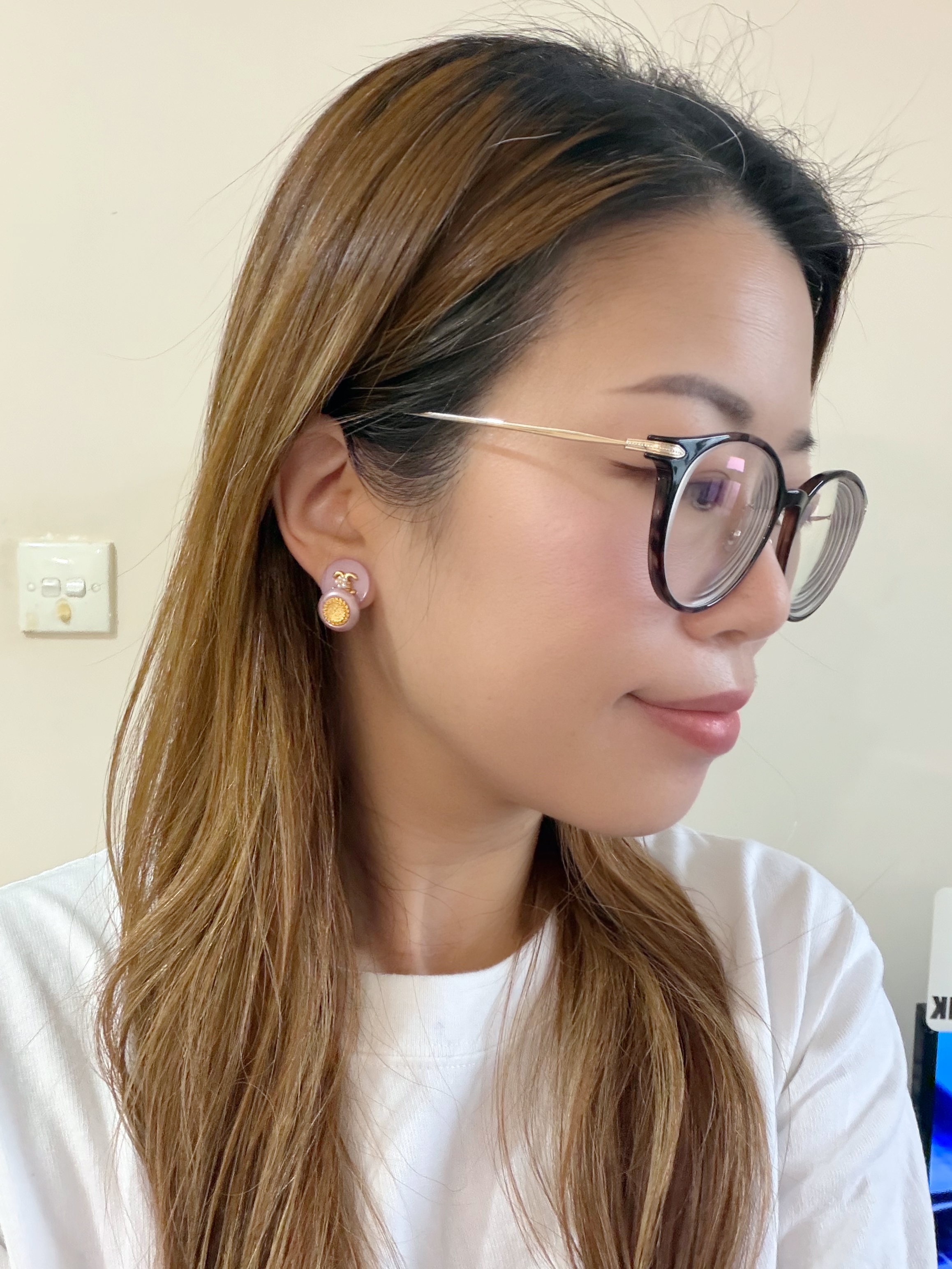 日本鈕扣耳環/粉紅花環珍珠小花