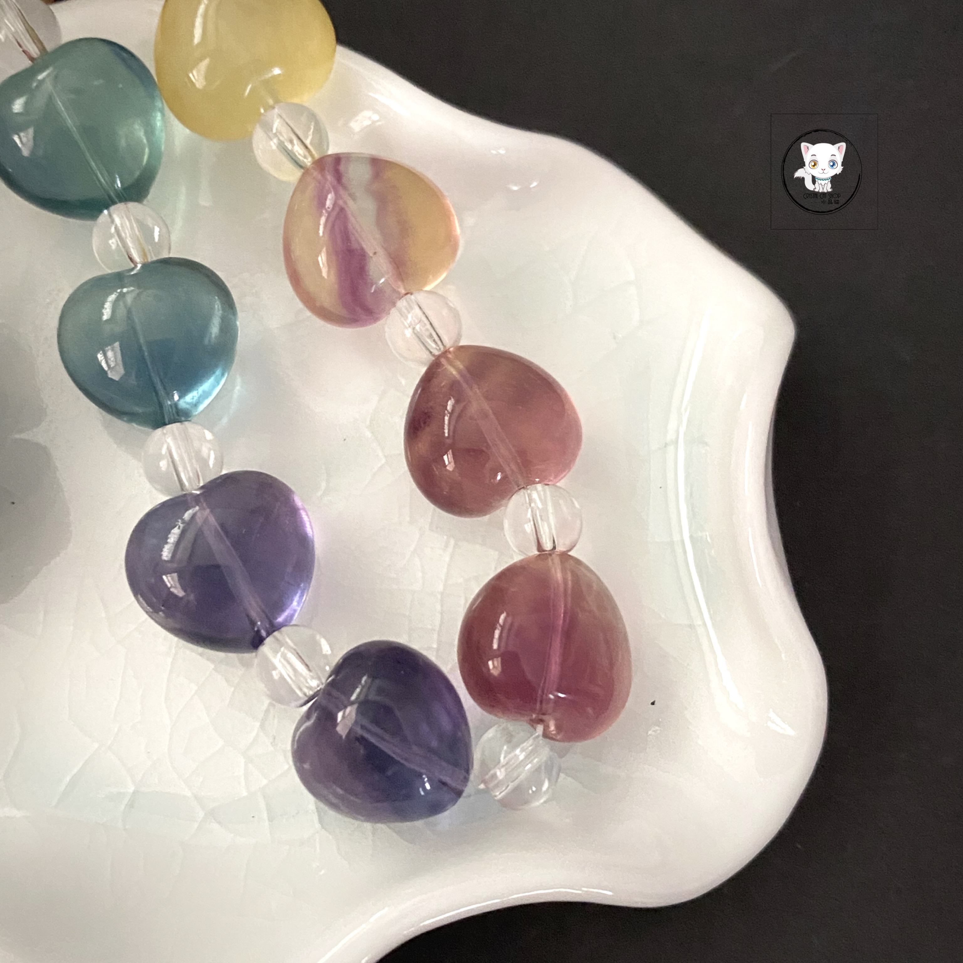 天然彩螢石愛心手鏈 14mm