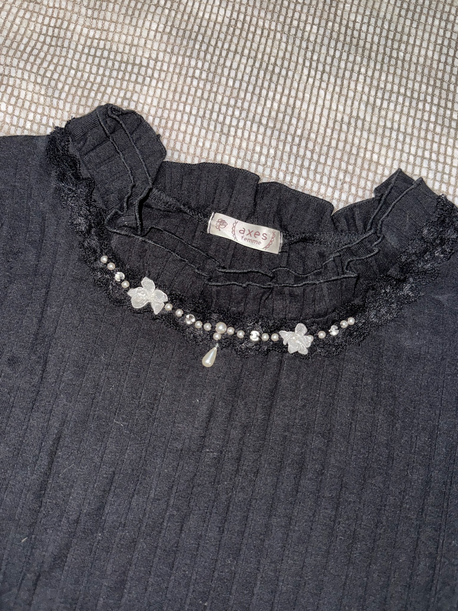 Axes Femme Ribbed Knit Top with Pearl & Bow Embellishments