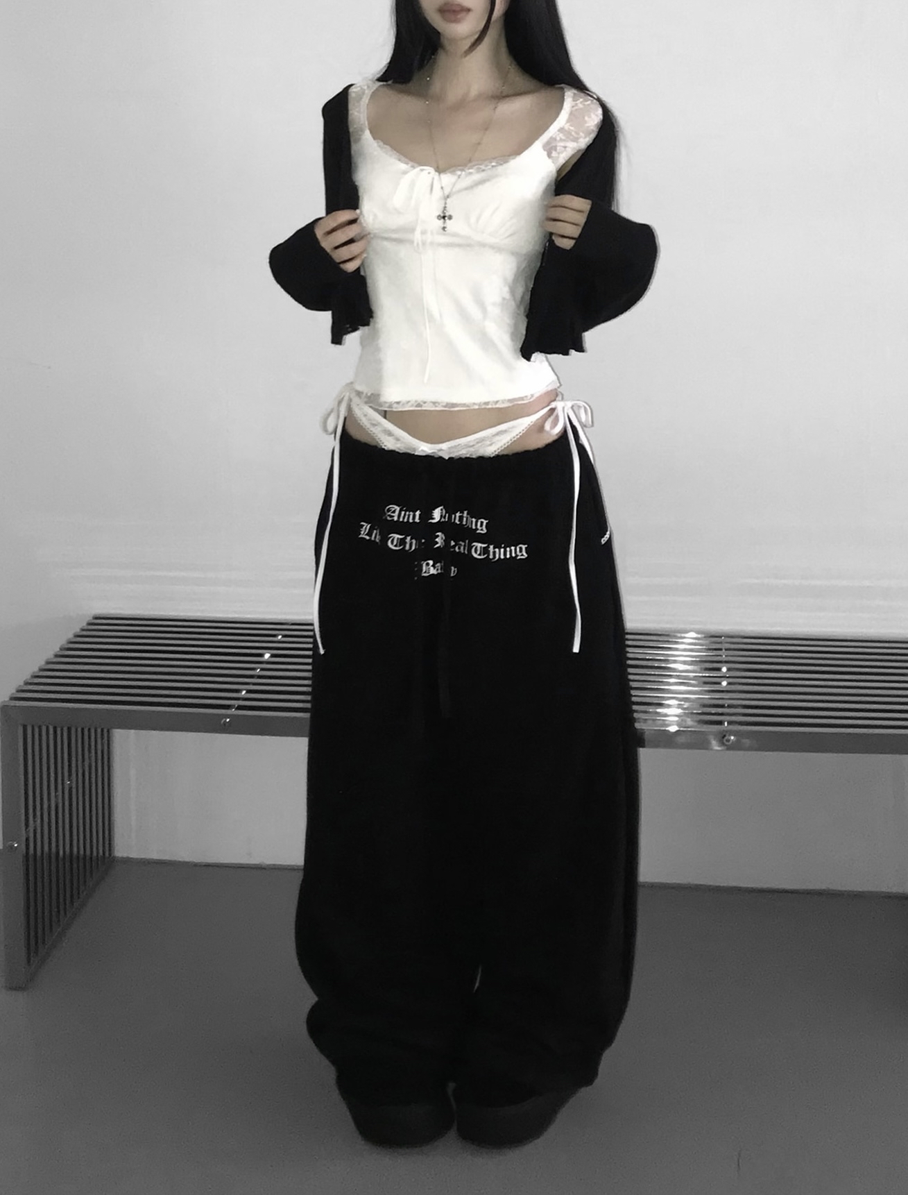 Layered Lace Waist Graphic Wide Leg Pants