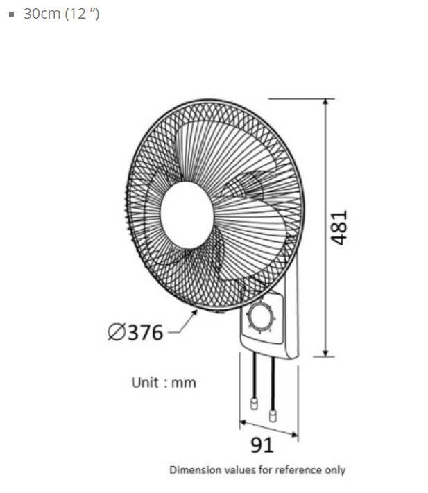 M30CS  3-speed Wall Fan with Pull Switch Oscillation Control (30cm/12”)