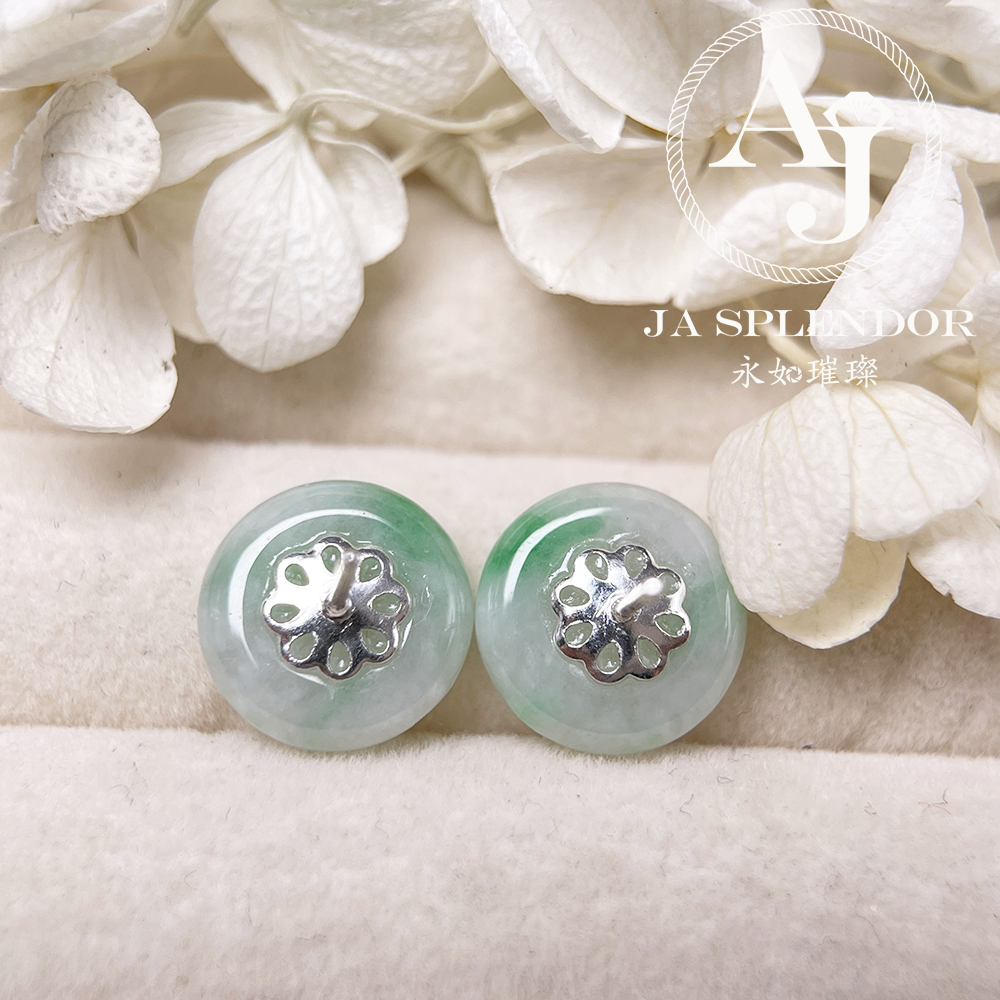 JE-3446/52 天然翡翠A玉 白底青平安扣面純銀耳釘