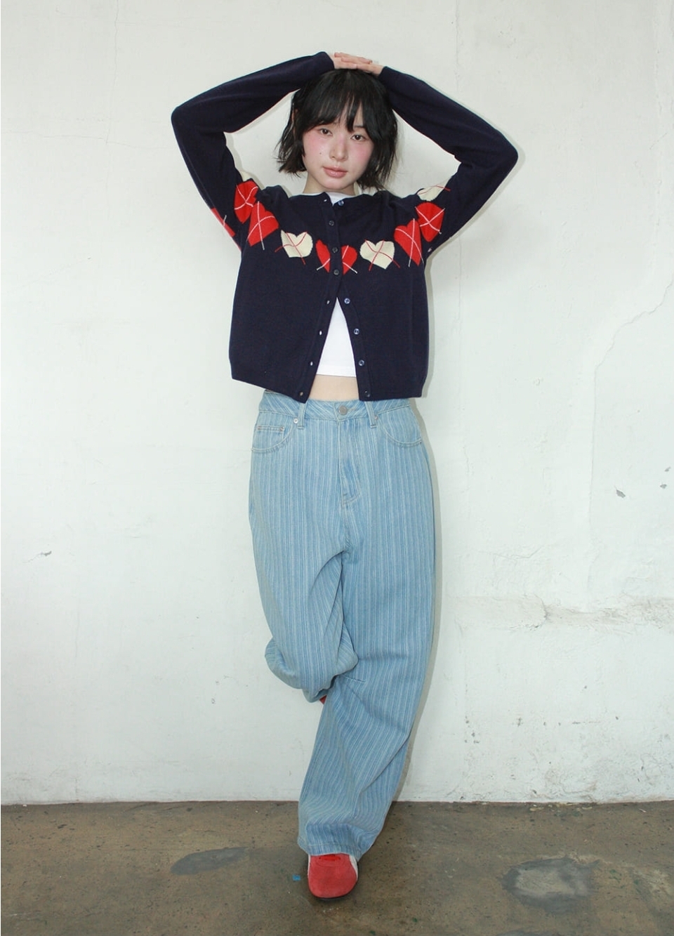 Ron Ron Heart Argyle Line Knit Cardigan
