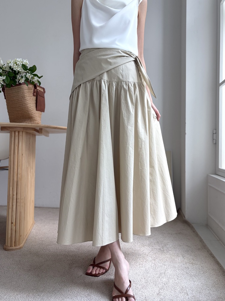 Wrap-Waist Flare Skirt (Beige)