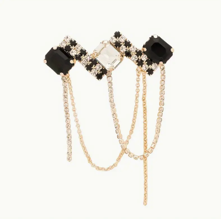 Elegant Black & White Tassel Brooch Pin with Gemstones