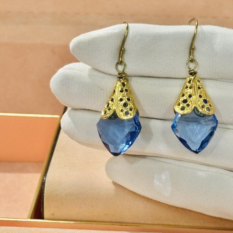Vintage Recomposed Blue Faceted Glass Hook Earrings (C034)