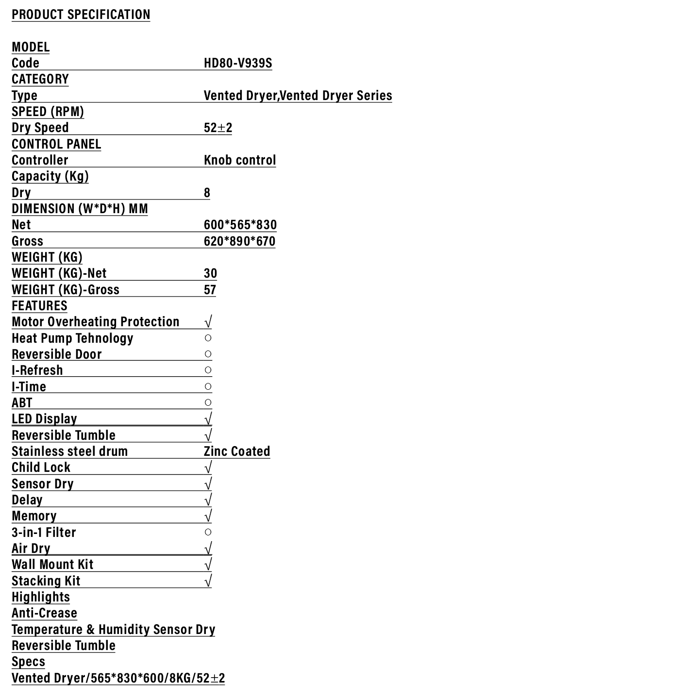 Haier 8kg Vented Dryer (HD80-V939S)