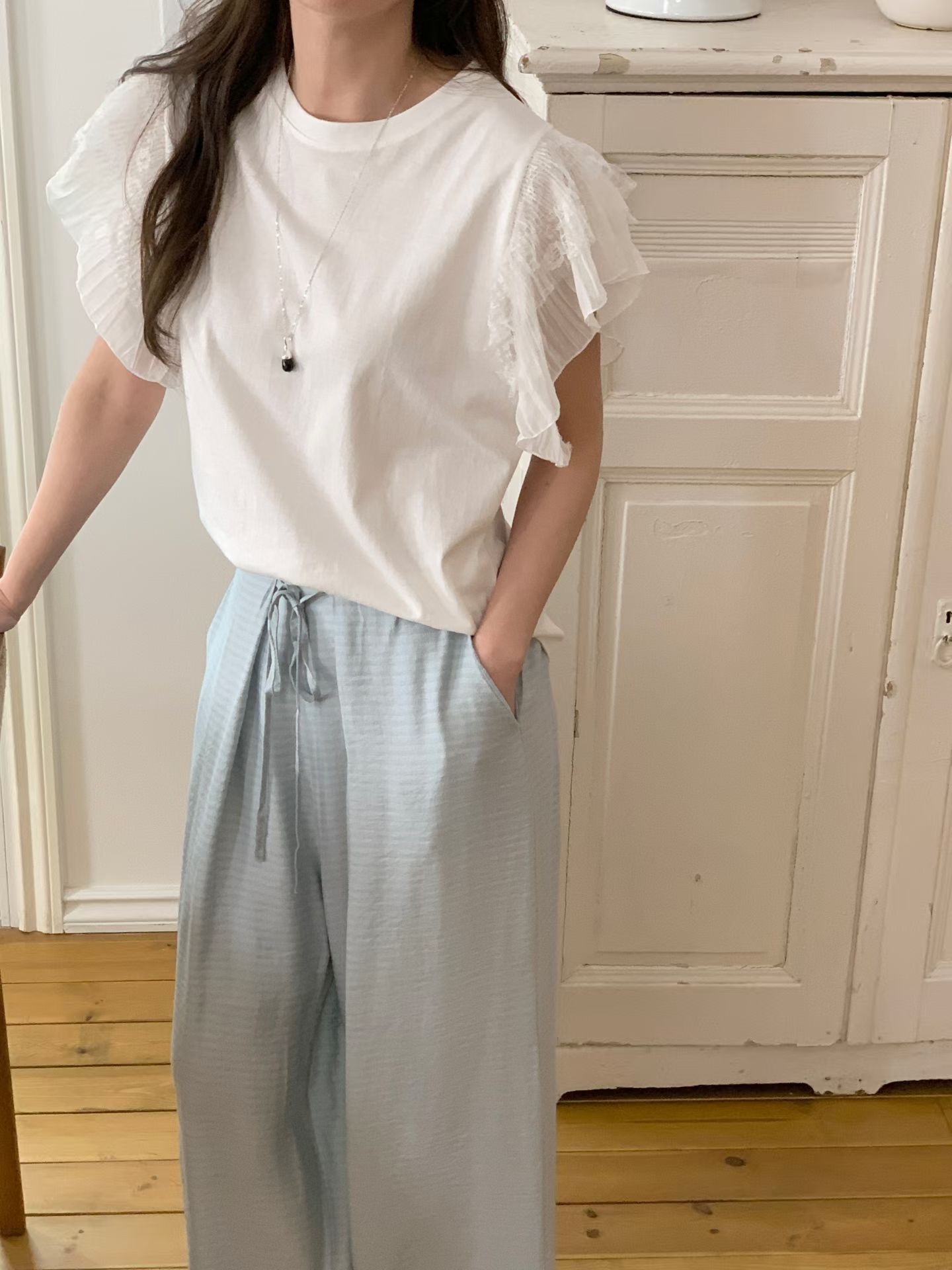 CT25 法式甜美蕾絲透紗袖Top