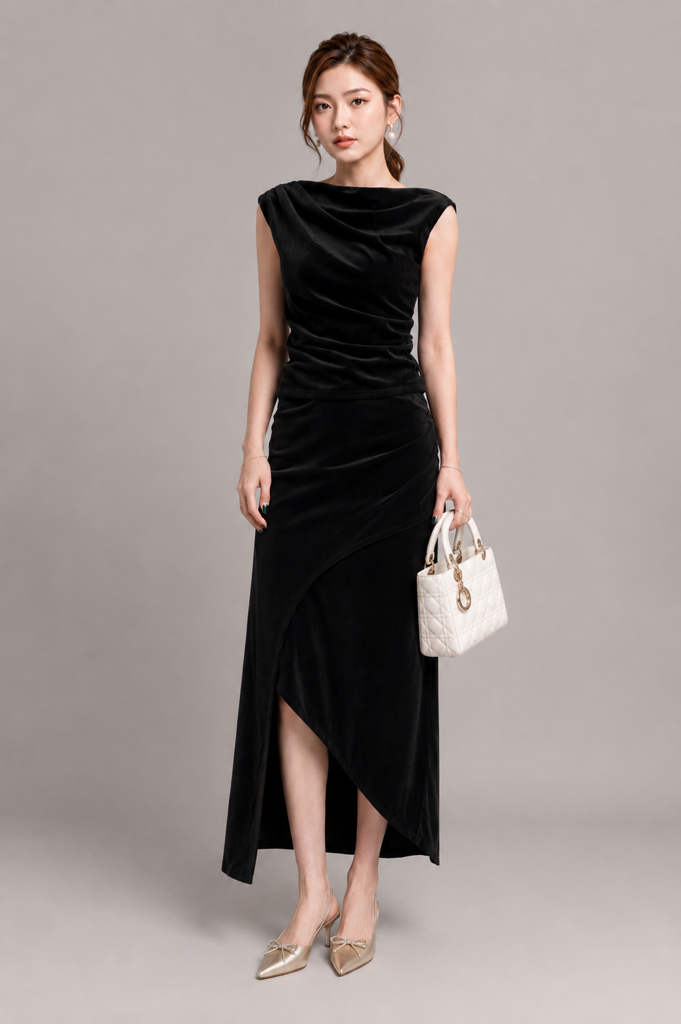 601162 Aqua Asymmetric Draped Maxi Skirt