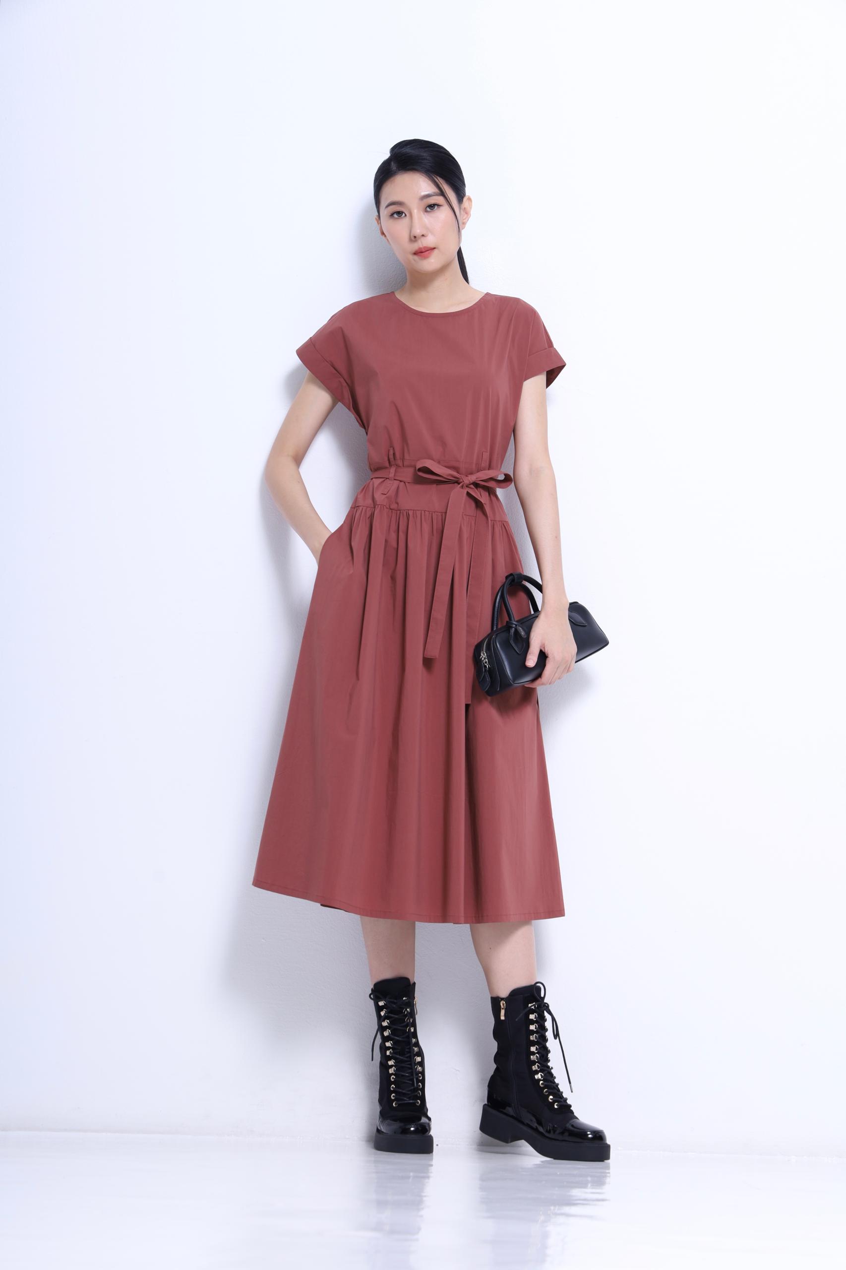CD2157 ROUND NECK TIERED FLARE MIDI DRESS