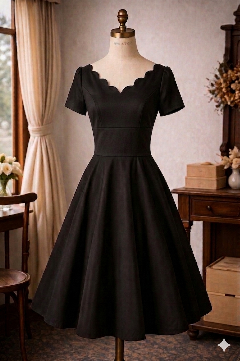 (Custom-Made) Heirloom Series Scallop Edge Swing Cocktail Dress - Black (FM170)