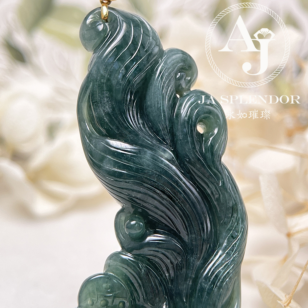 JNK-137 天然翡翠A玉 老藍水18K福壽雙全九尾狐吊墜 (法師加持)