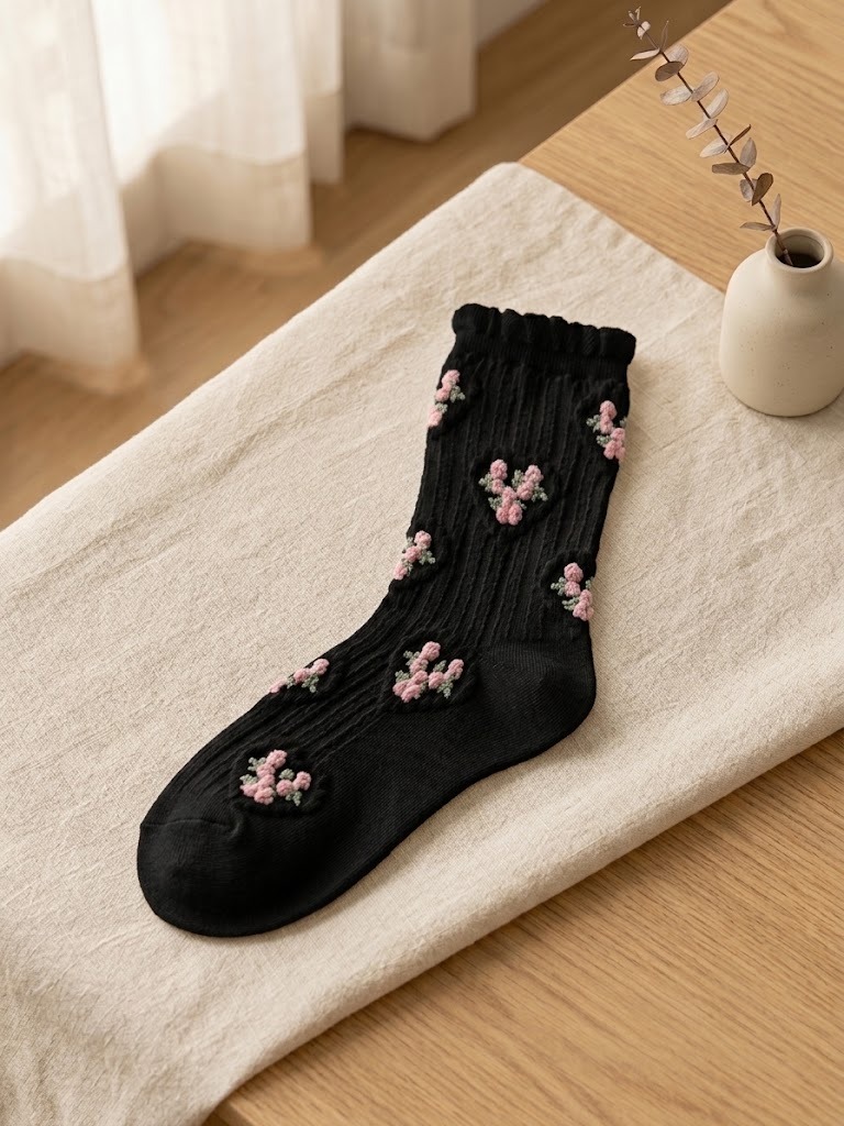 Korean Heart Rose High Crew Socks