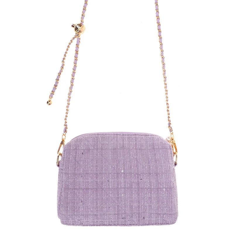 Kuromi 粉紫色絨布金球有肩帶小袋 (小)