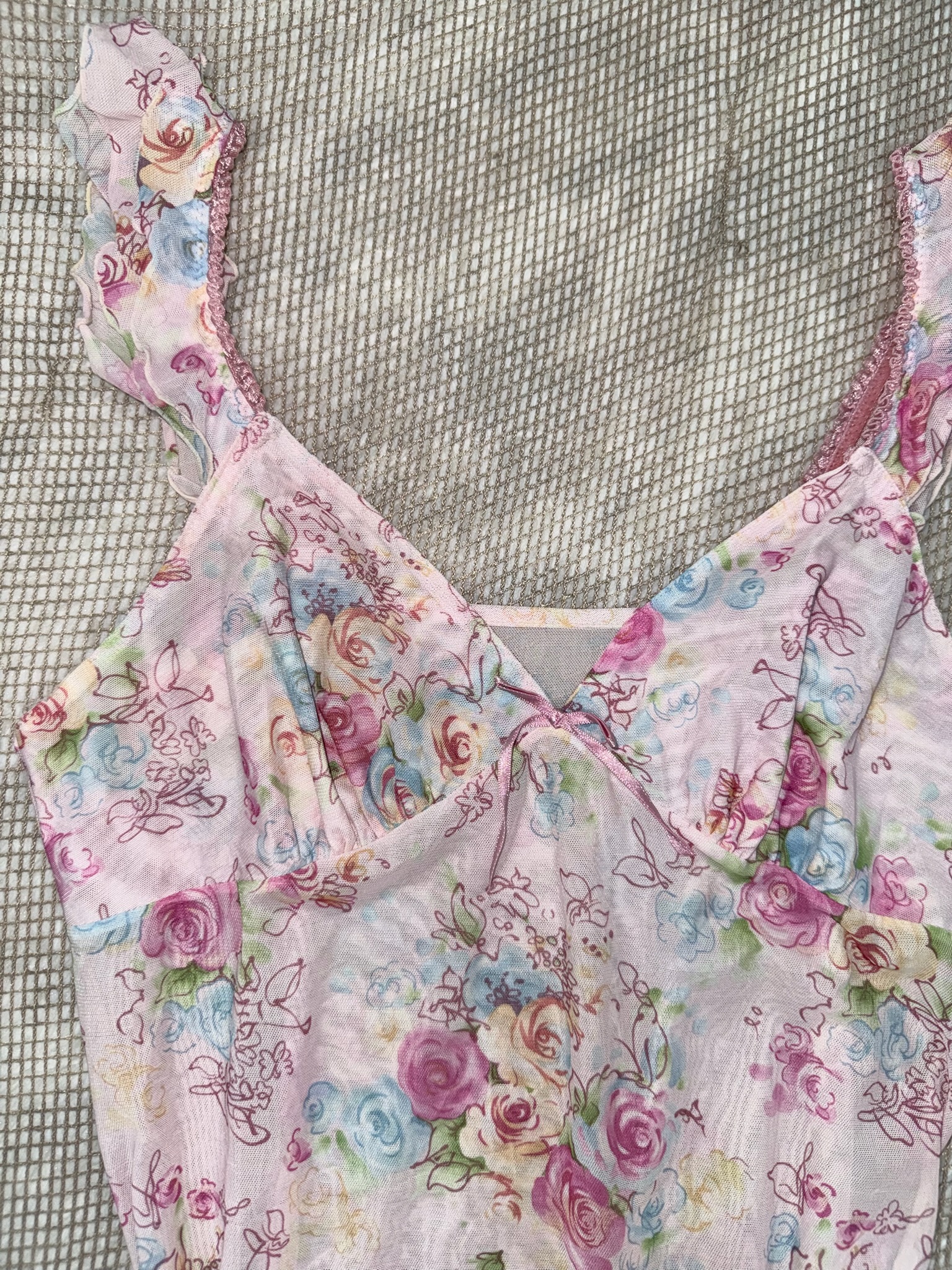 Pink Floral Print Mesh Slip Dress with Ruffled Straps and Lettuce Hem