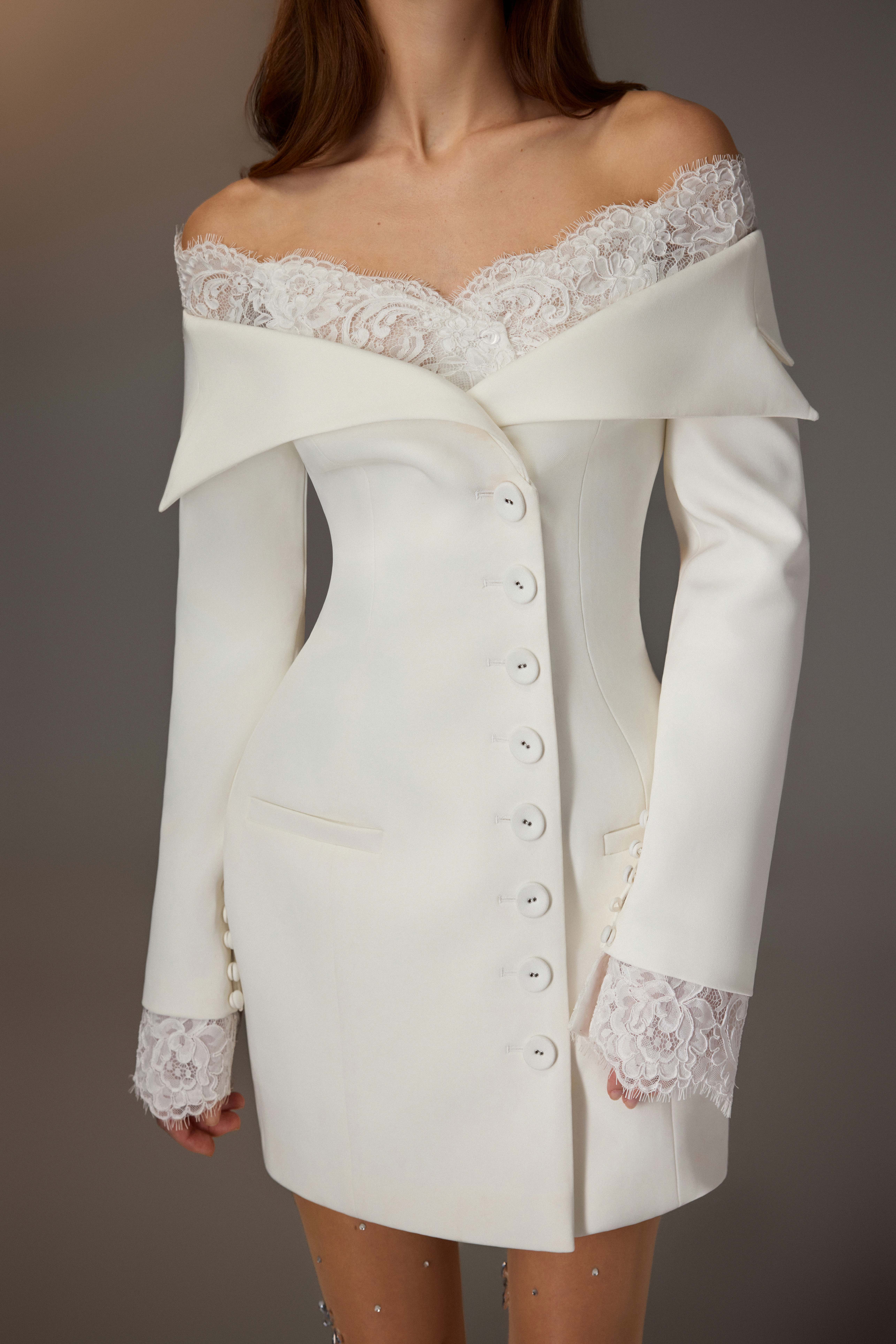 Ivory Lace Off Shoulder Blazer Dress