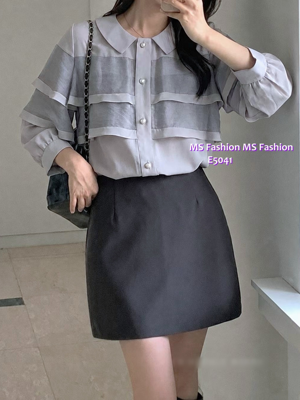 E5041 高質靚料反領ruffle top