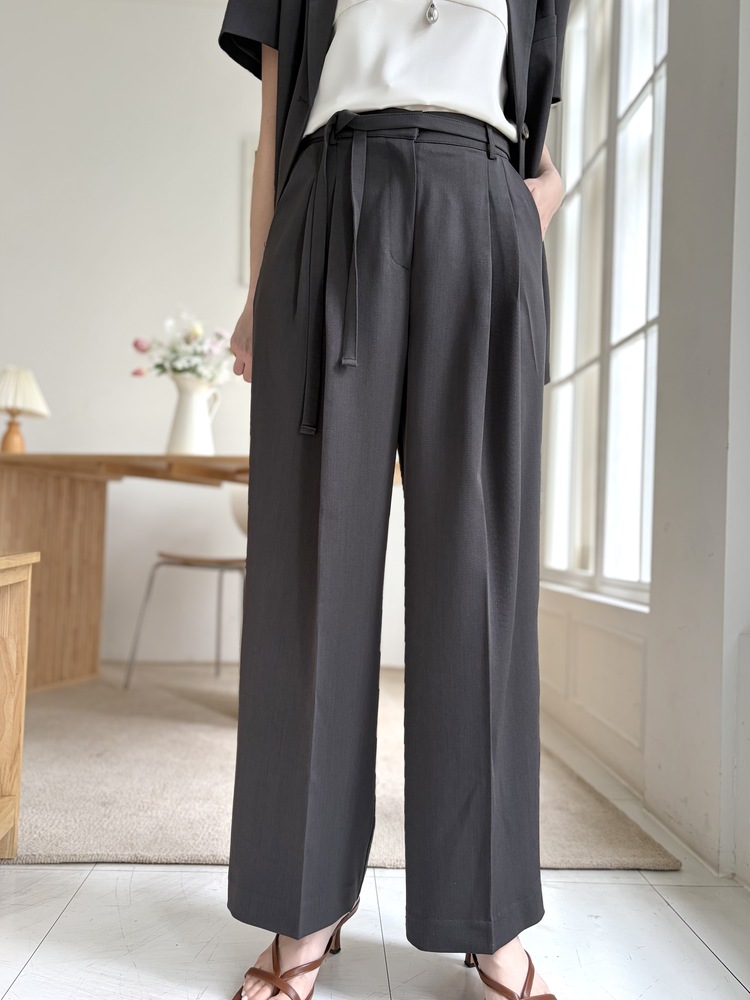 Aveline Belted Straight Slacks (Charcoal)