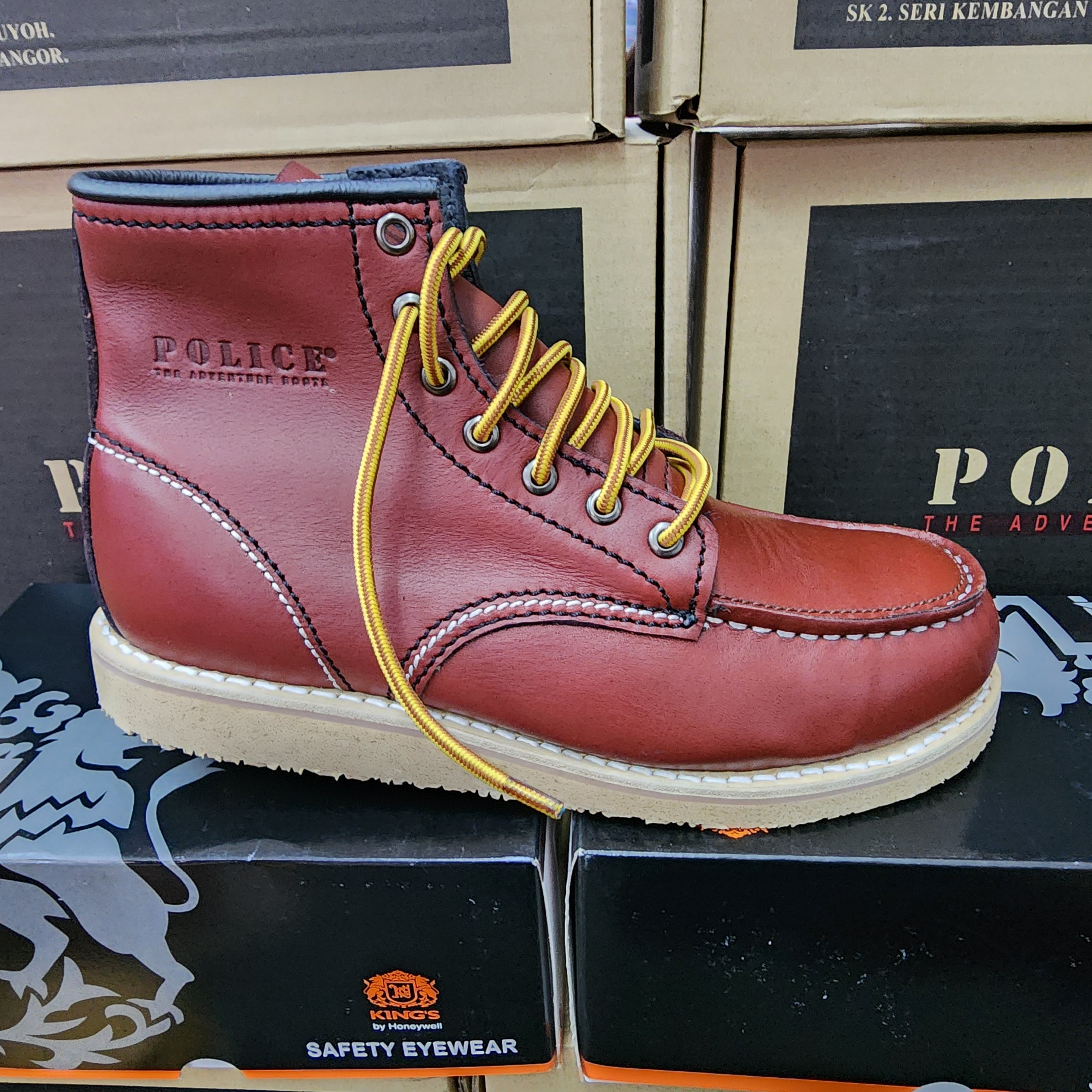 Original Brand Police 91594 Leather Laces Up Safety Boots Brown Light Maroon Dark brown Anti Slip sole Shoe Steel Toe Rubber Outsole 