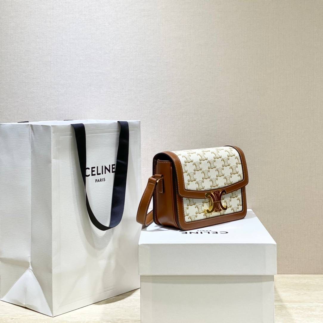🔥大货实拍图 𝗖𝗘𝗟𝗜𝗡𝗘 ♥ 𝗧𝗥𝗜𝗢𝗠𝗣𝗛𝗘 𝗧𝗘𝗘𝗡 𝗕𝗢𝗫小号 在原来的锁扣上加了CELINE首字母凯旋门扣，完完整整的巴黎血液注入啊！将复古元素与品牌一向拿手的利落线条相结合，气质 高贵！ 型号：188882 小号尺寸：18.5*14*6cm