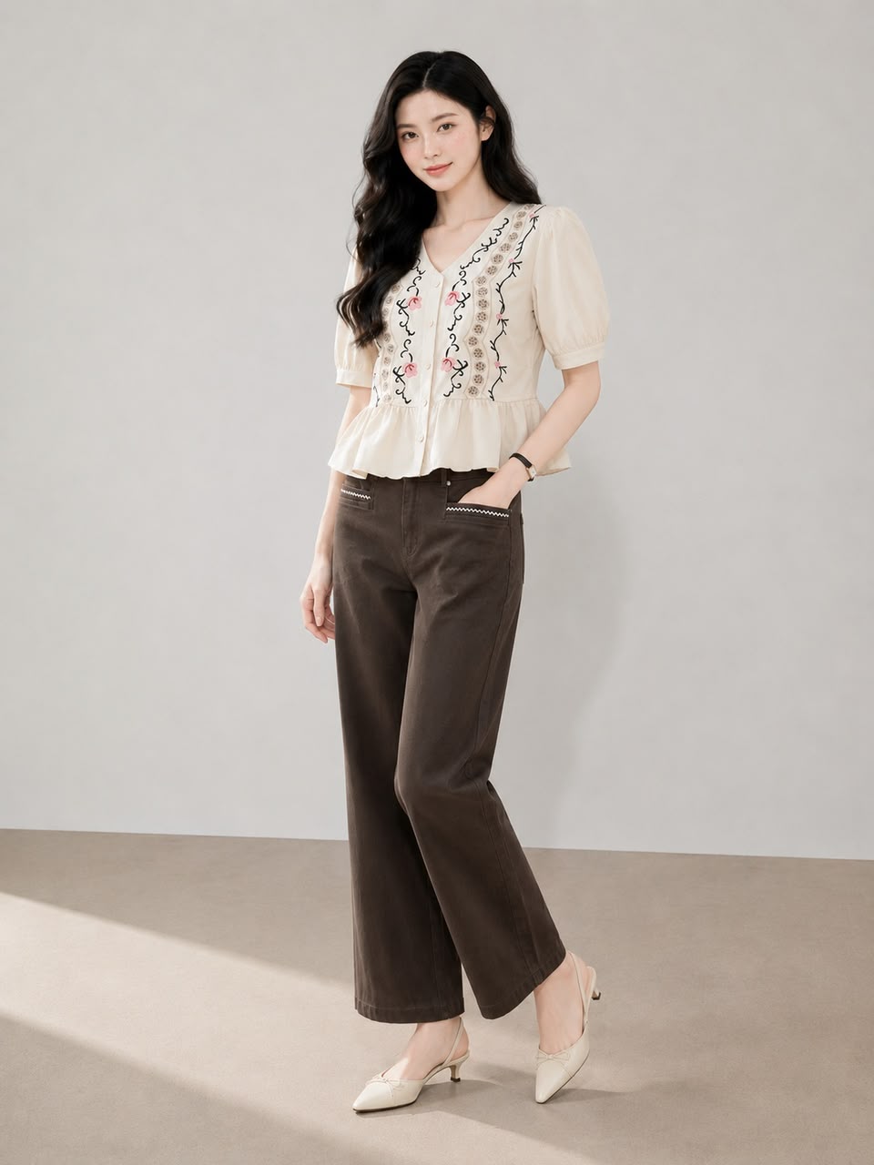 800081 Camellia Embroidered Peplum Top