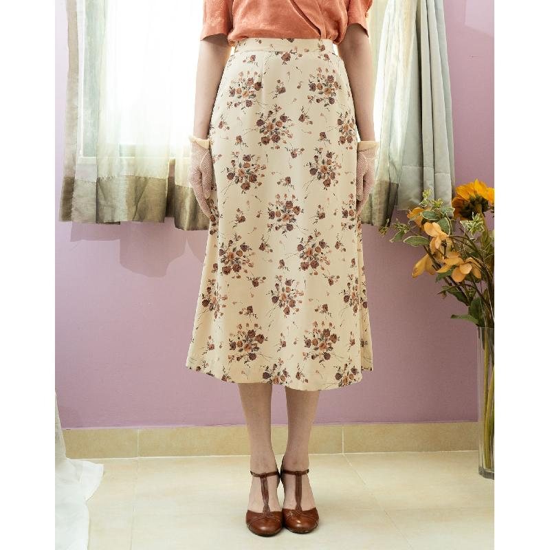 Vintage C.a. 1990s Romantic Bouquet Pattern Tea Length Flare Skirt - Waist 24~27" (MT1606-55)