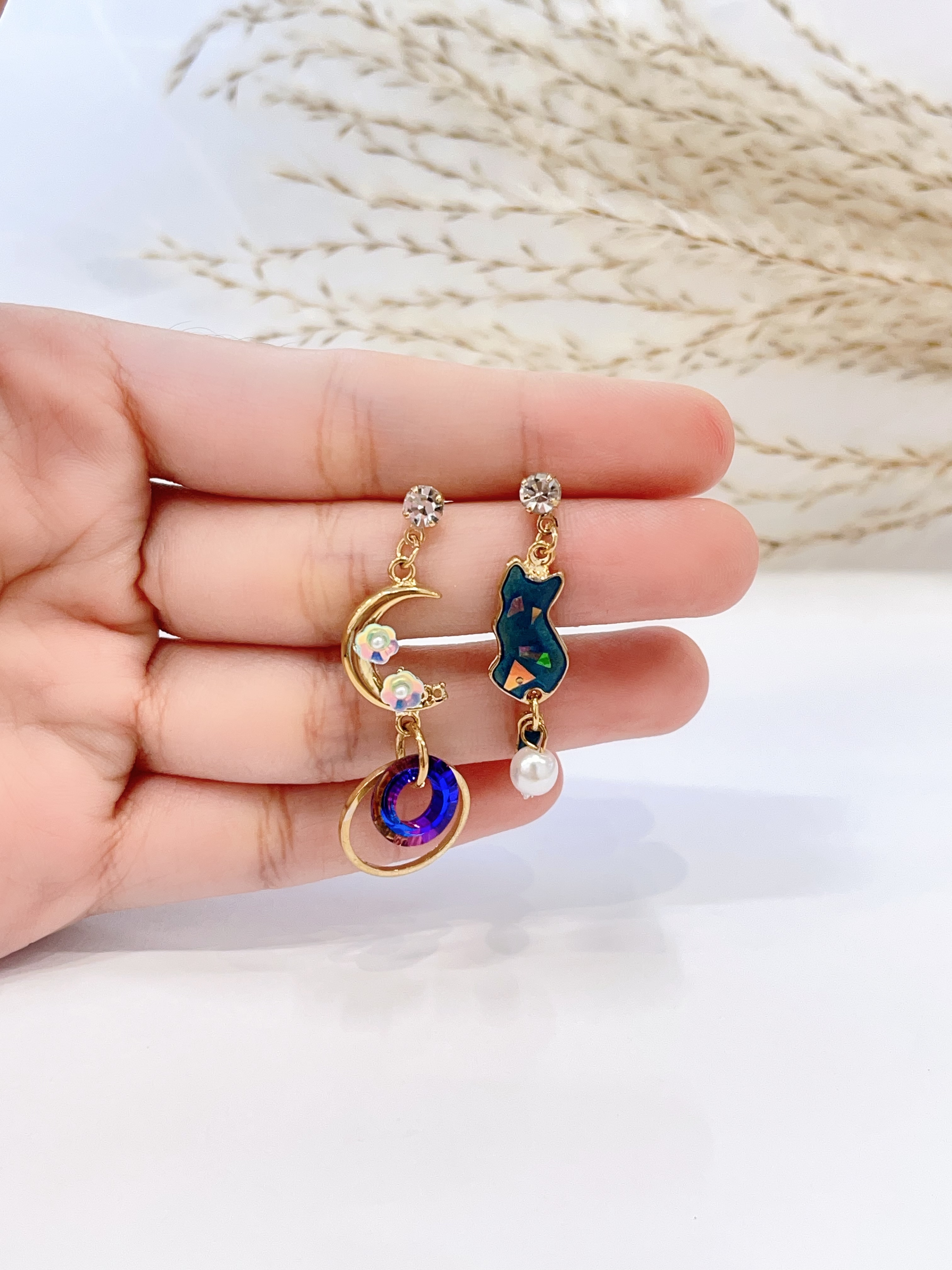 小清新蓝色系星空小猫耳环