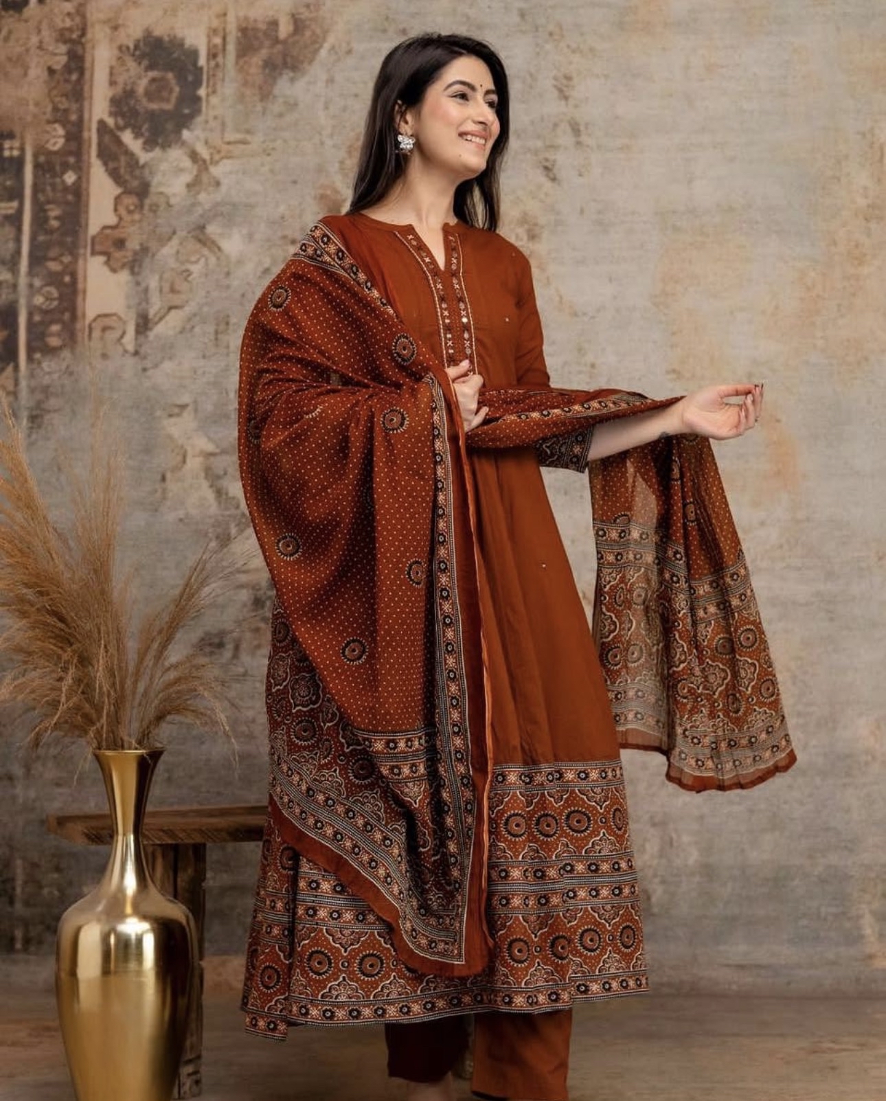 Earthy Rust Orange Anarkali Kurta Set with Heavy borders