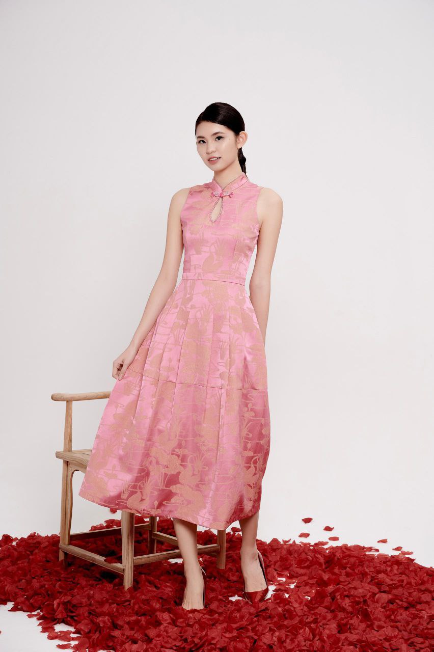 串珠露腰旗袍连身裙 2135 粉色/米色