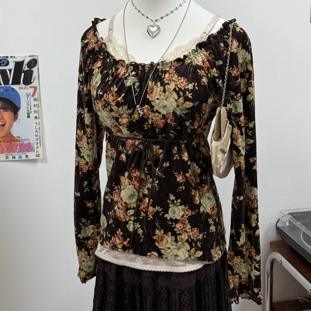 Floral Long Sleeve Mesh Blouse with Tie Waist