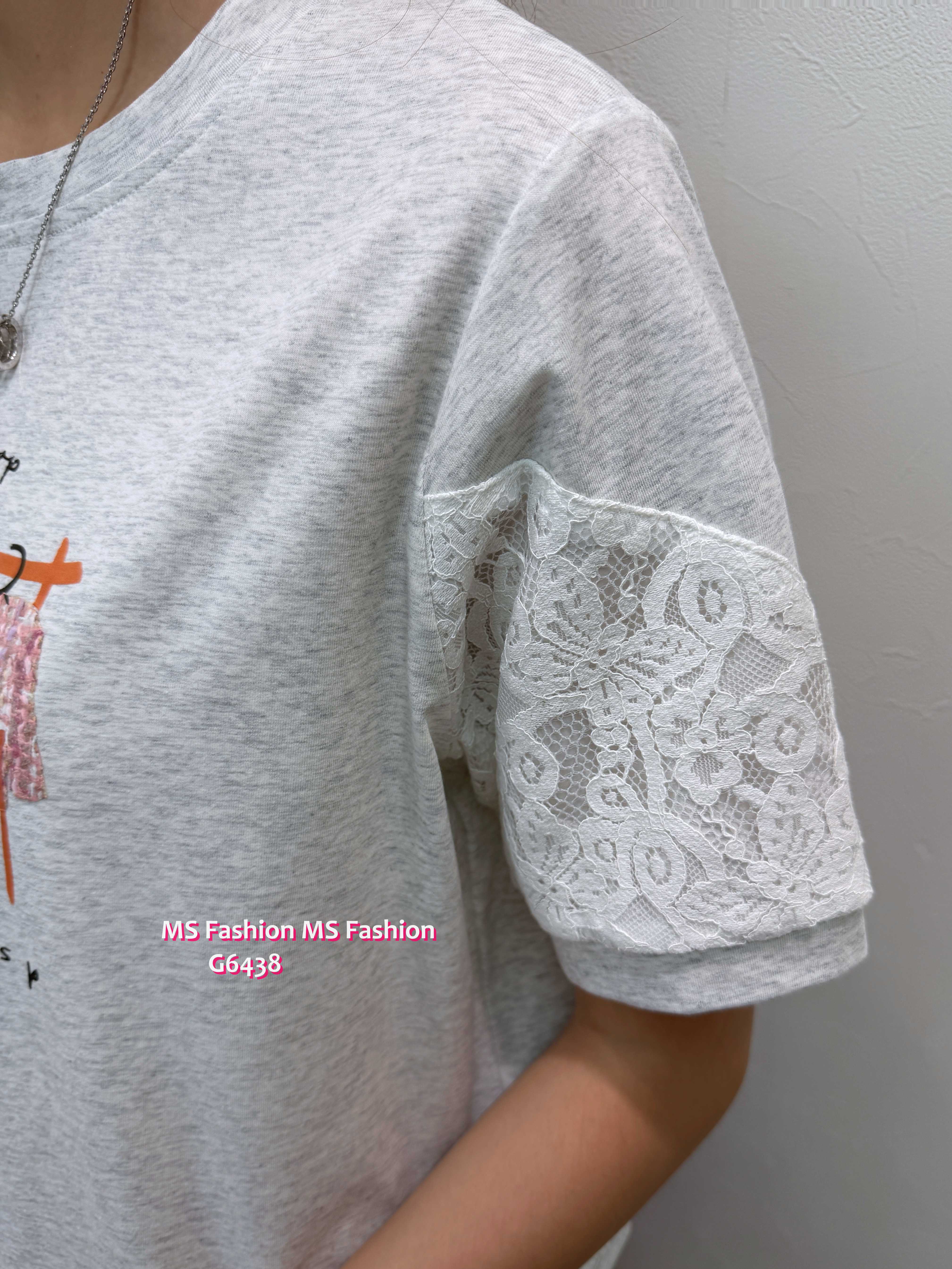 G6438 靚print lace袖top