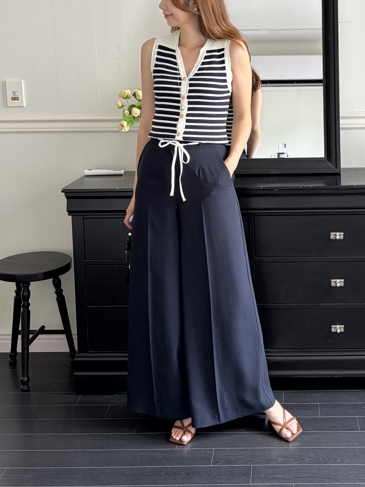 [超涼!!] Contrast Belt Wide Leg Slacks (Navy)