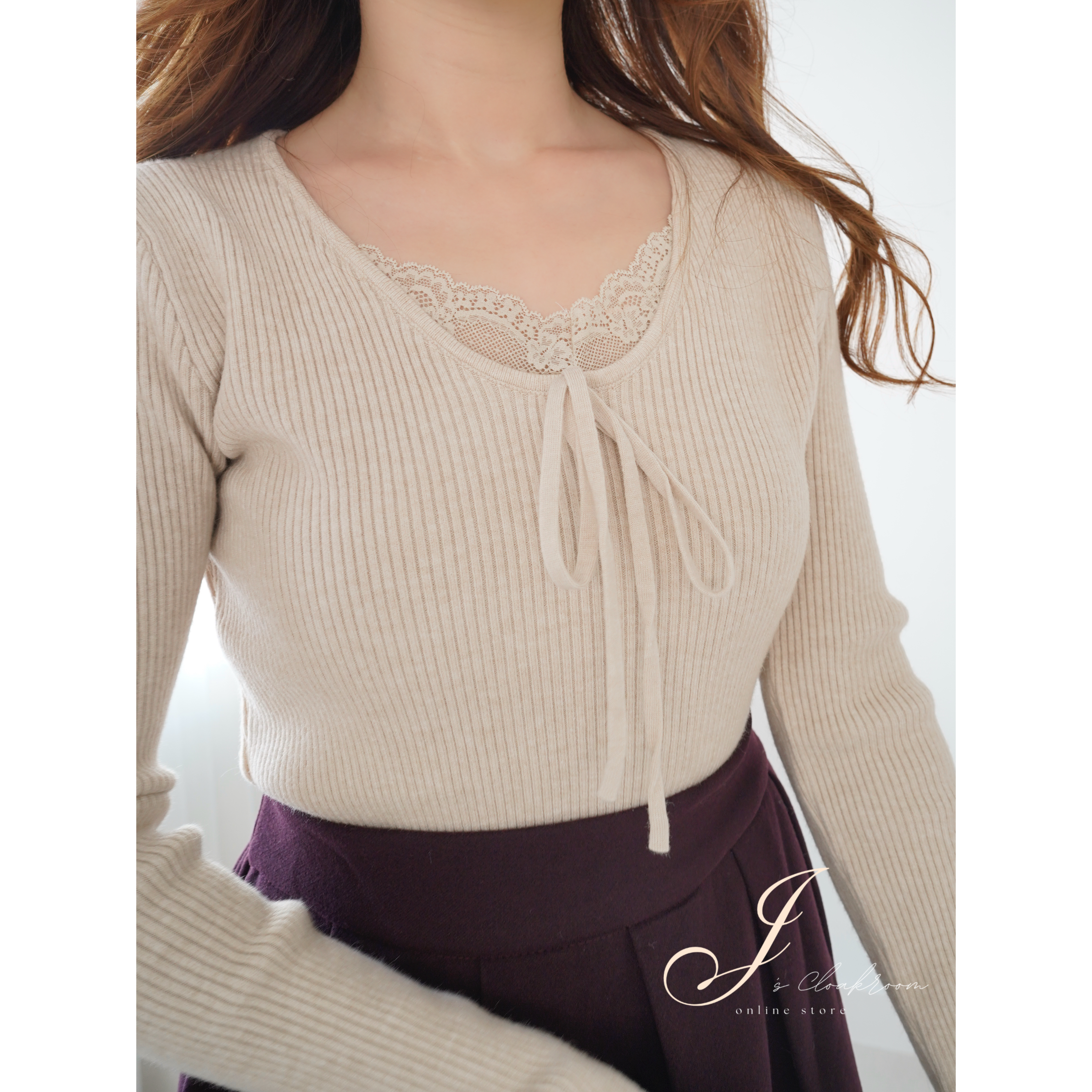 超修身♡蕾絲拼布針織上衣(KR)杏色315653