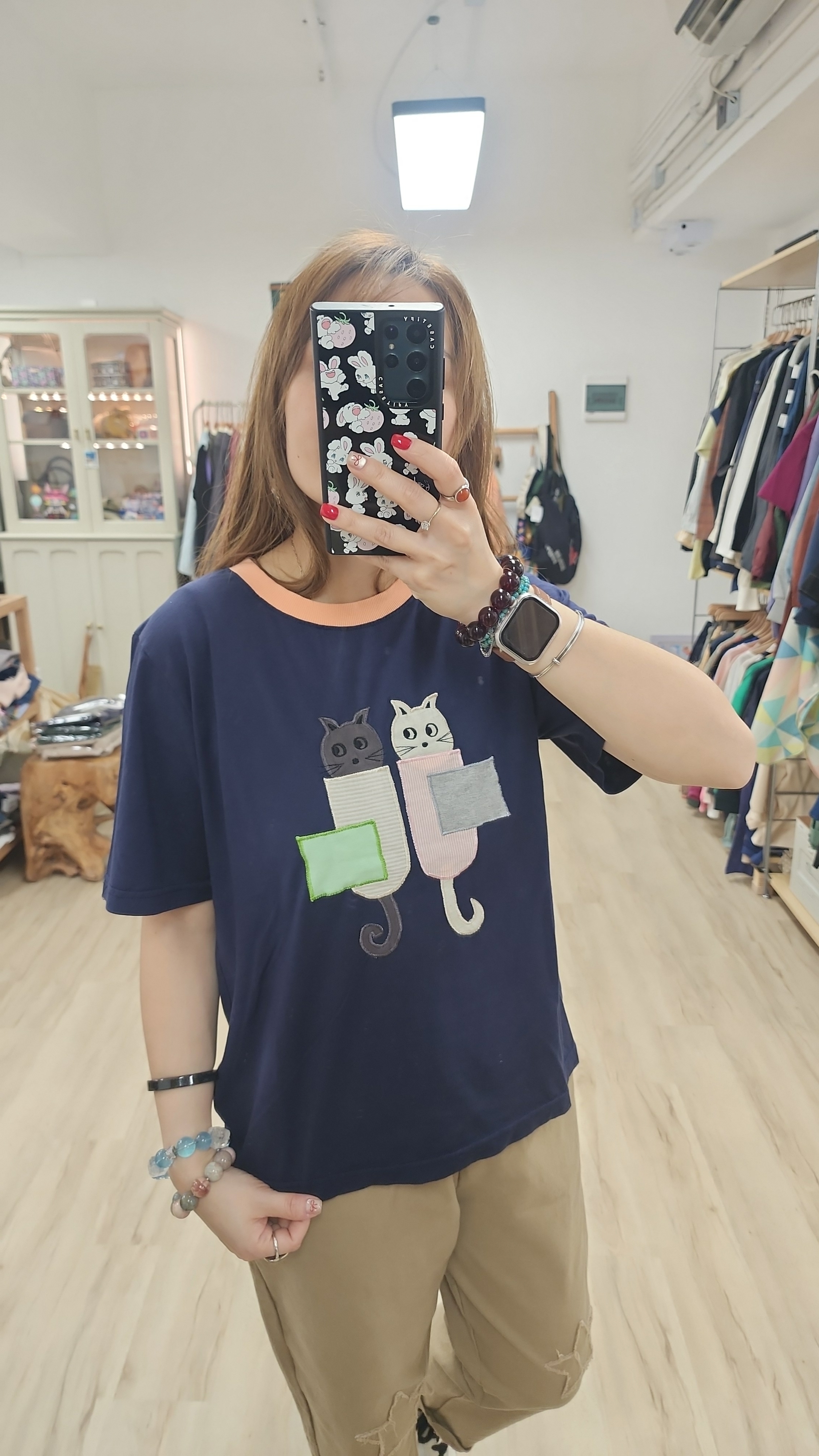 韓國深藍拼雙貓車布Tee