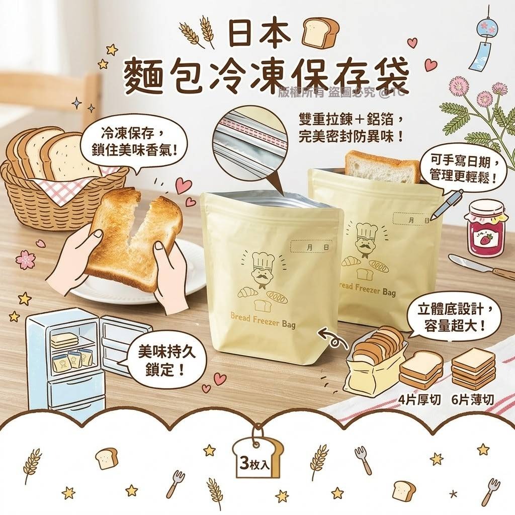 【日本製造 麵包冷凍保存袋 (一套3個)】