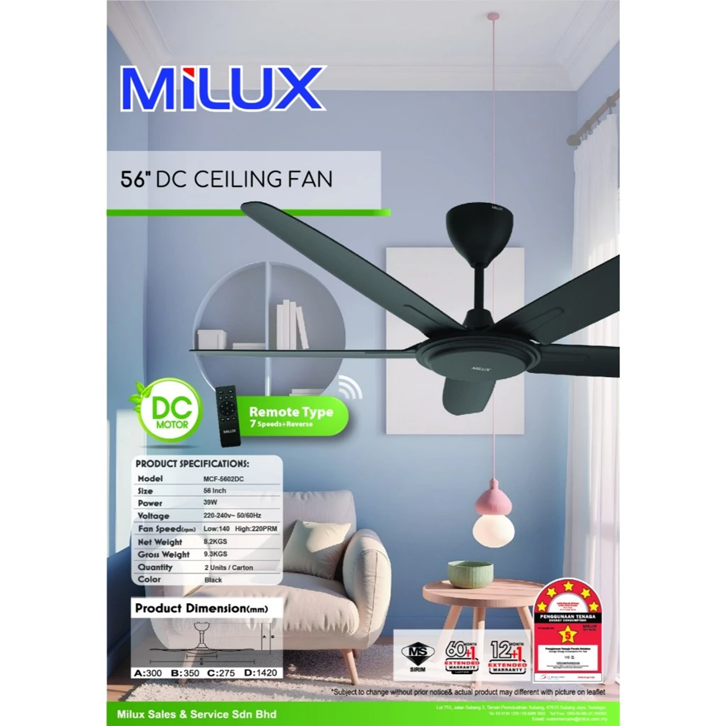 Milux 56" DC Motor Ceiling Fan (MCF-5602DC)