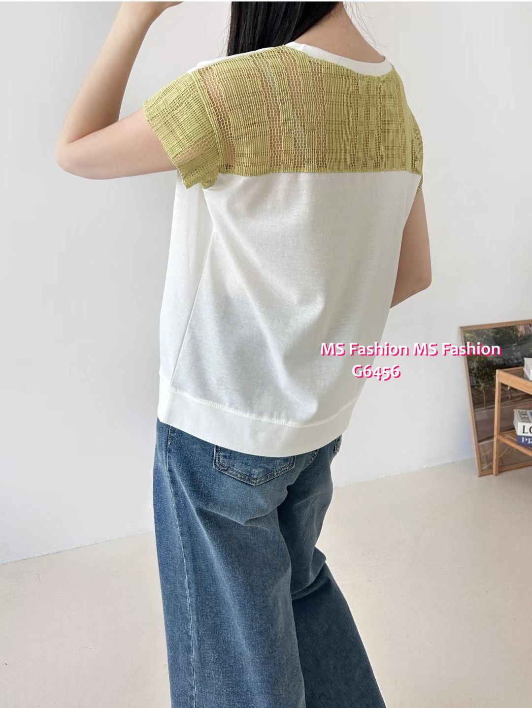 G6456 拼網格袖top
