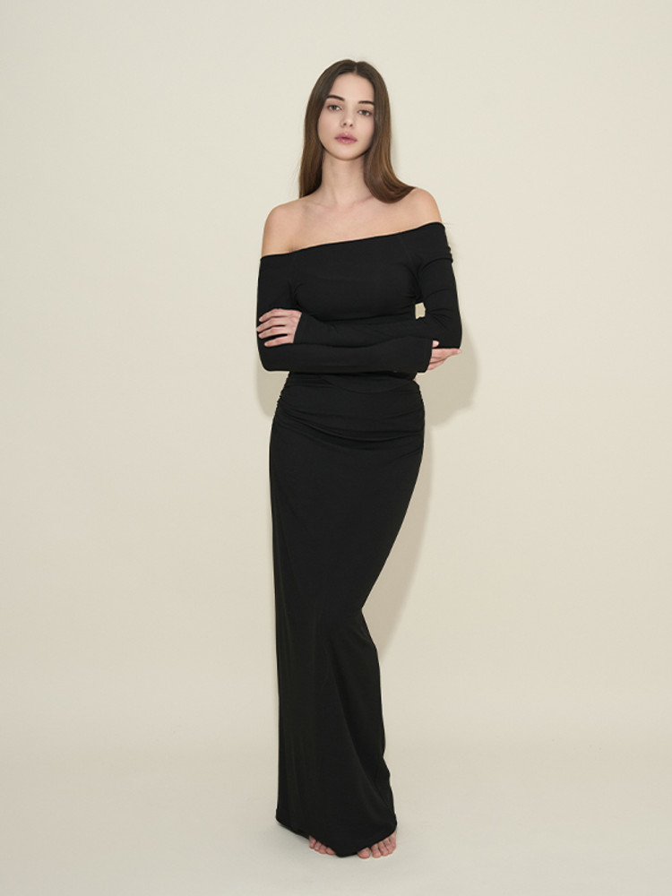 法式氛圍感Off Shoulder Top 預購_Slim Fit Off-shoulder Long Sleeve by Grandeline