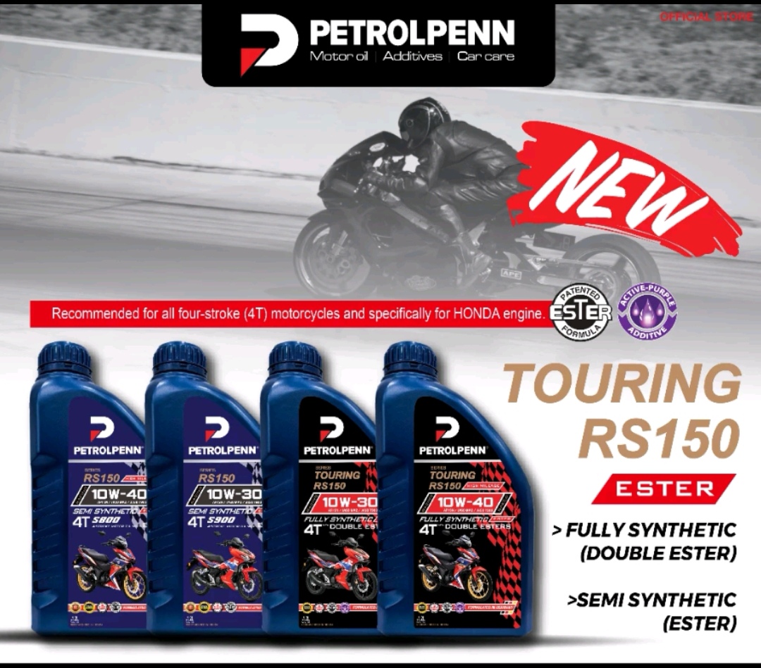 Petolpenn Touring RS150 4T 10W-40 / 10W-30 / 15W-50 Fully Synthetic Double Ester 1.2L Motorcycle Engine Oil Recommended by HONDA