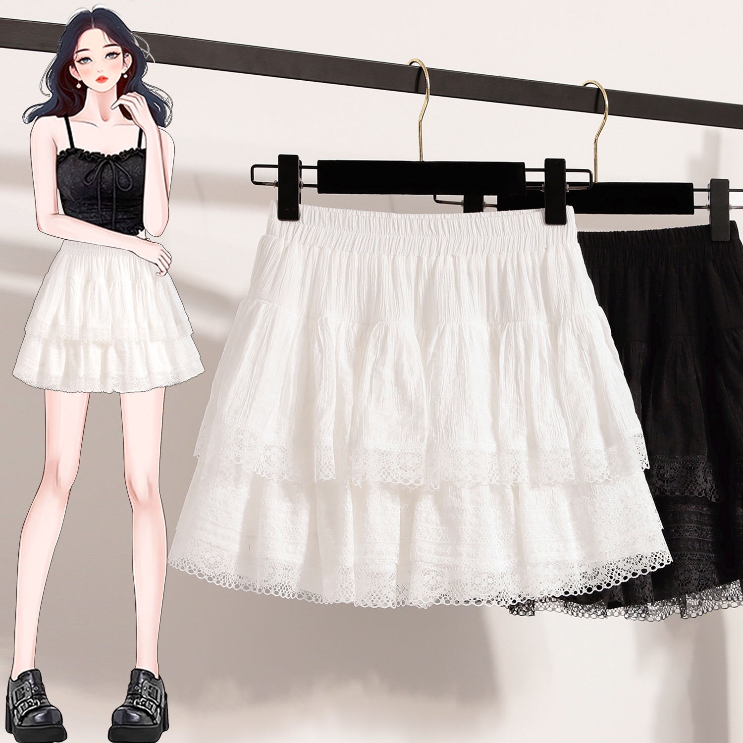 B28(5512) 法式芭蕾风蕾丝边层层蛋糕层蓬蓬黑白短裙