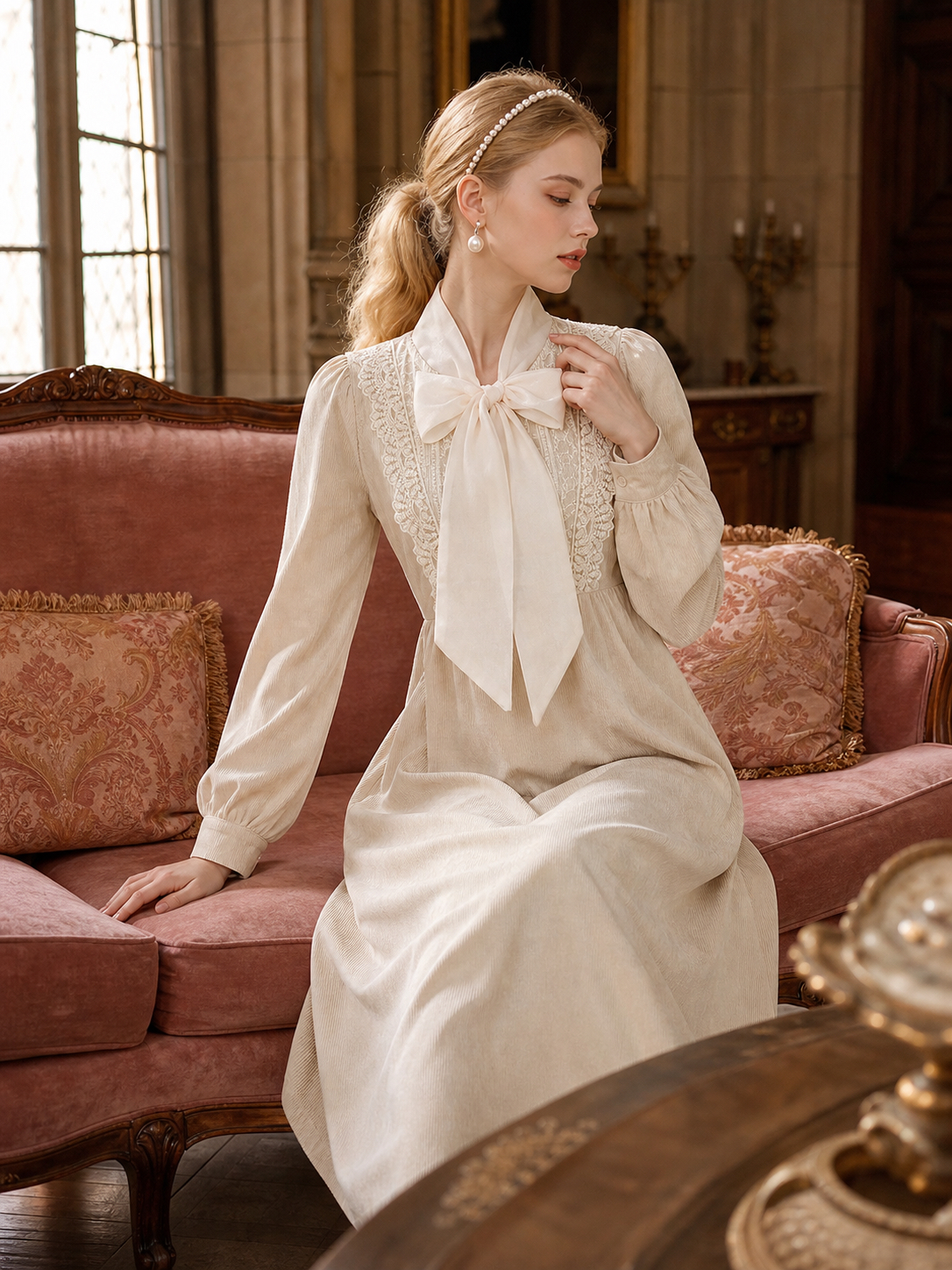 溫莎莊園的冬日絮語 ∙ 古董米色幼燈芯絨蕾絲蝴蝶結連身裙 Whispers of Windsor Manor ∙ Vintage Beige Fine Corduroy & Organza Bow Dress