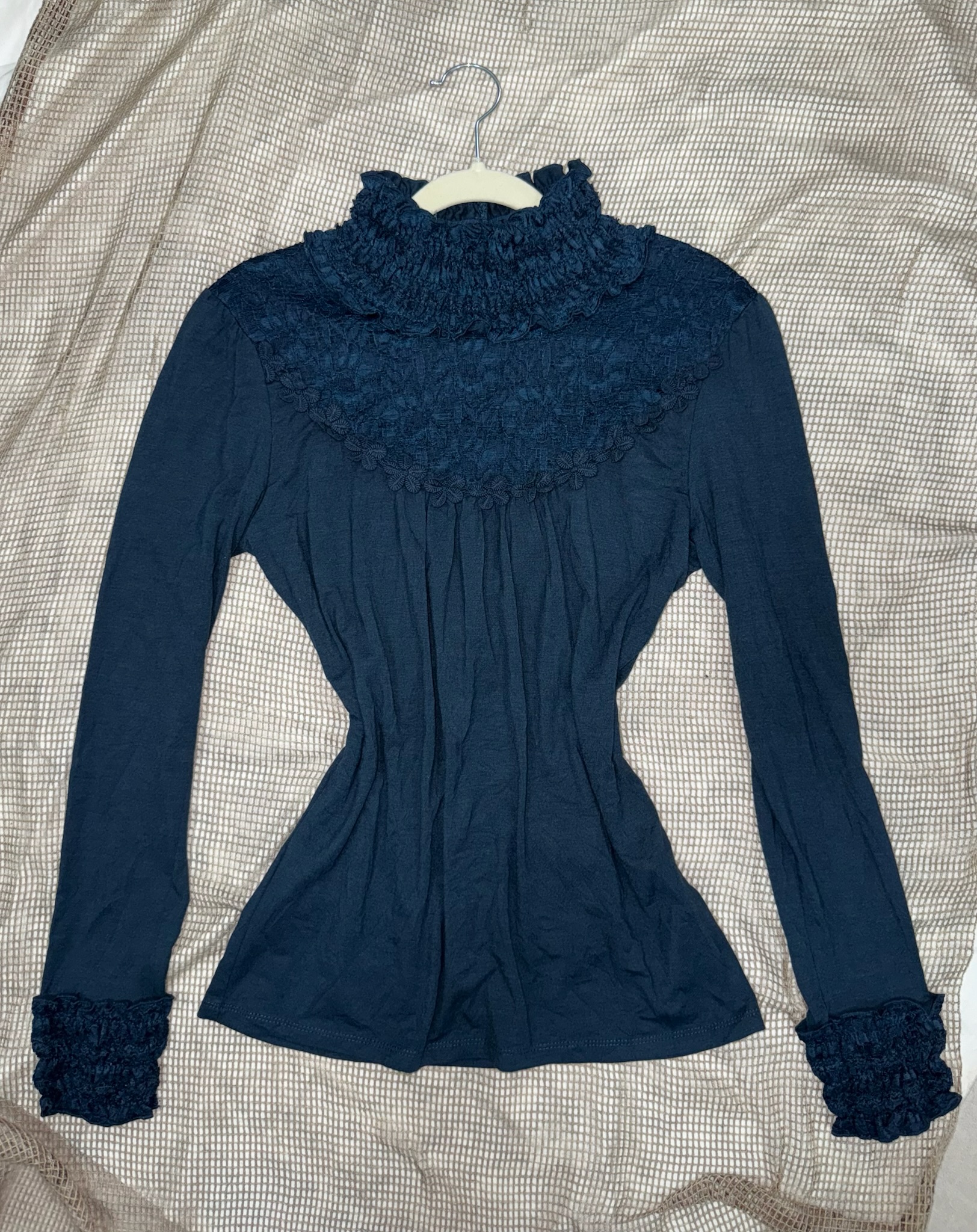 Lace Trim Ruffle High-Neck Top