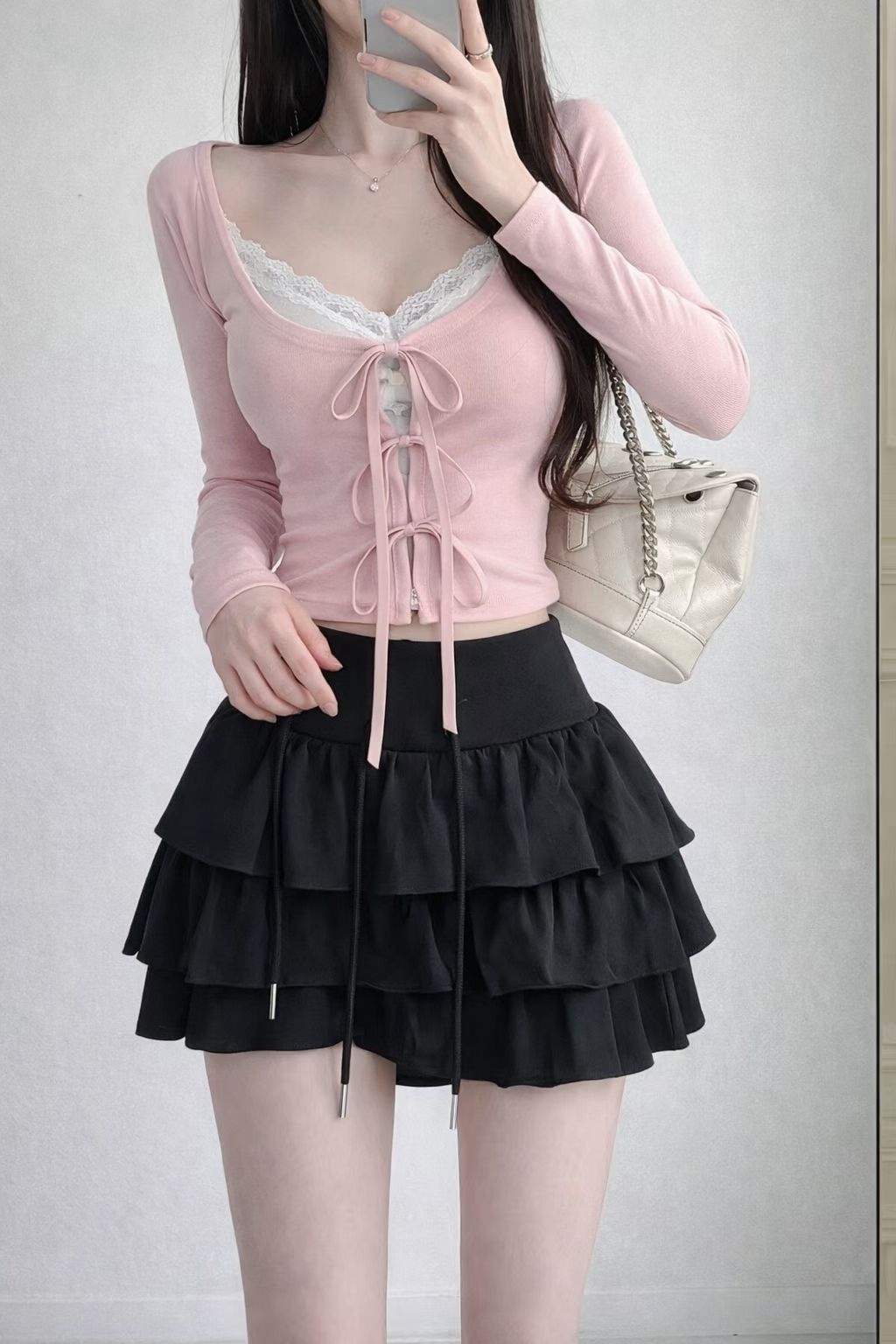 韓國少女感雙綁帶lacy邊邊薄top