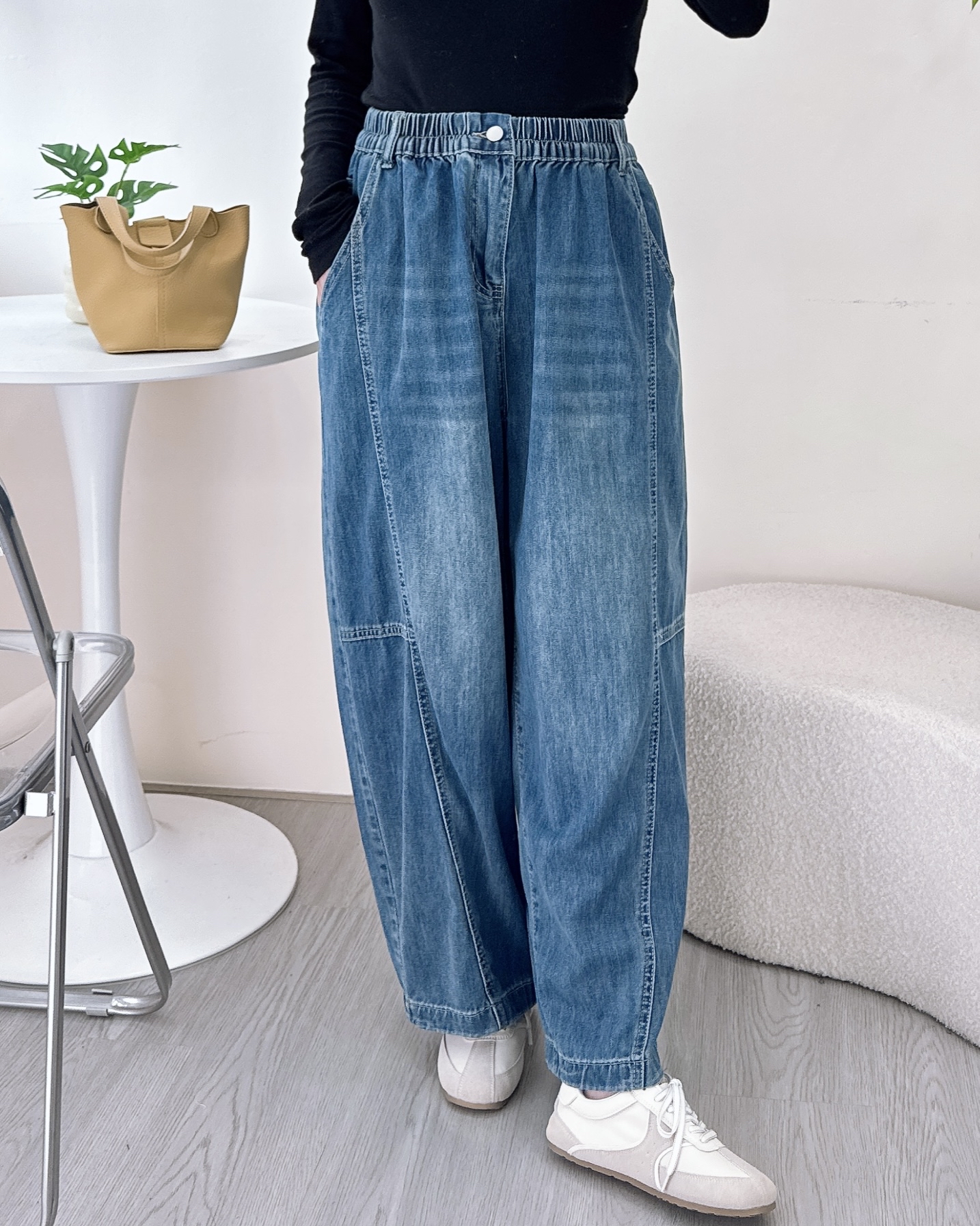 軟熟偏薄身繭型牛仔褲