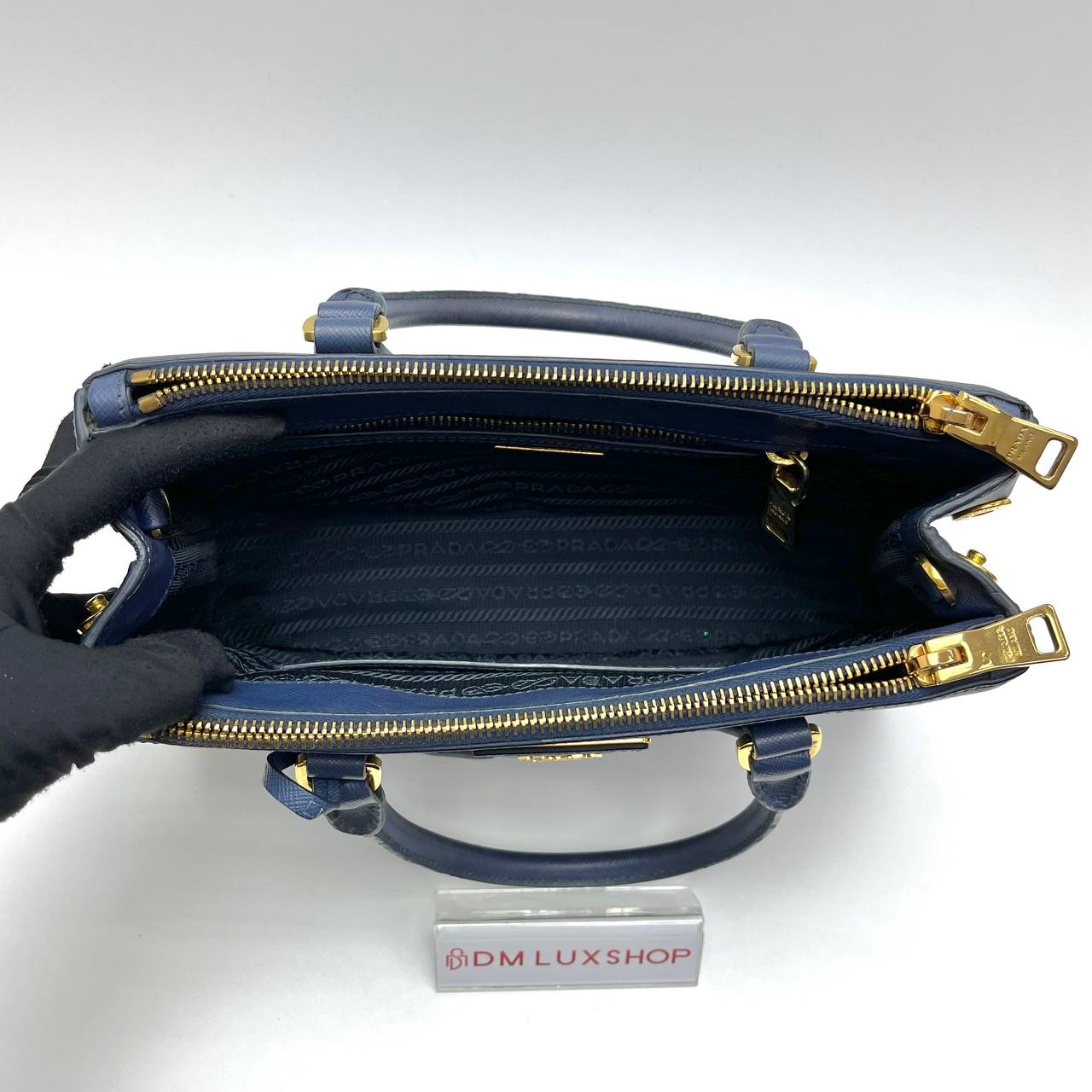 Prada Saffiano Navy Blue Small Double Zip Galleria Lux Tote GHW