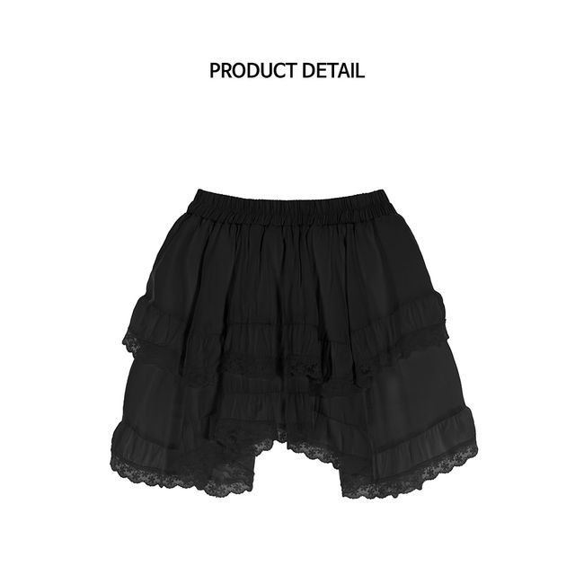 ◆Rose Frantz◆ Lace Layered Mini Skirt [Black] Rose Frantz Satin Lace Layered Mini Skirt [Black] | KAZUE