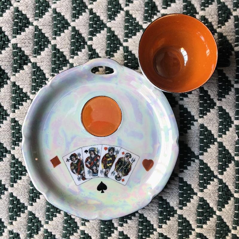 Vintage Made in Germany Pearlized Poker Pattern Tennis Set - 1 Cup + 1 Plate (MT412-1/2)