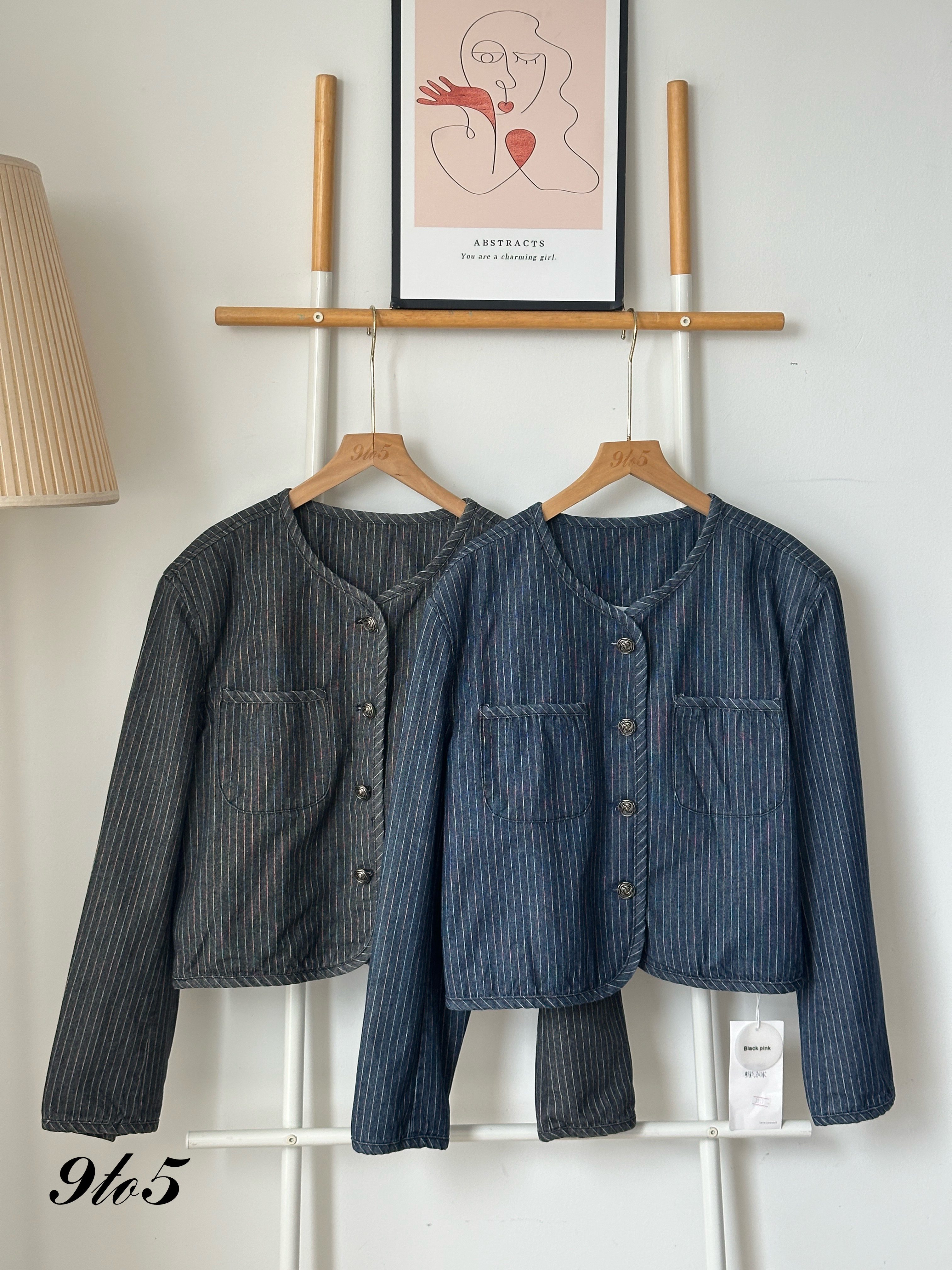 T4035 Striped Denim Jacket - Black & Blue