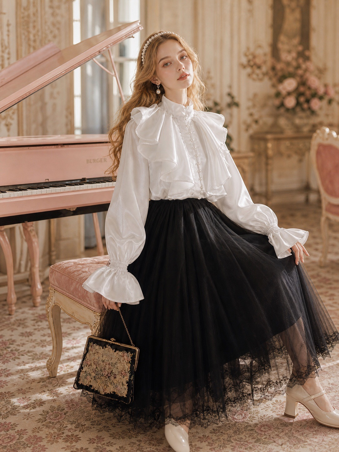 銀河私語維多利亞珍珠荷葉宮廷襯衫Whispers of the Galaxy: Victorian Pearl Ruffle Court Blouse